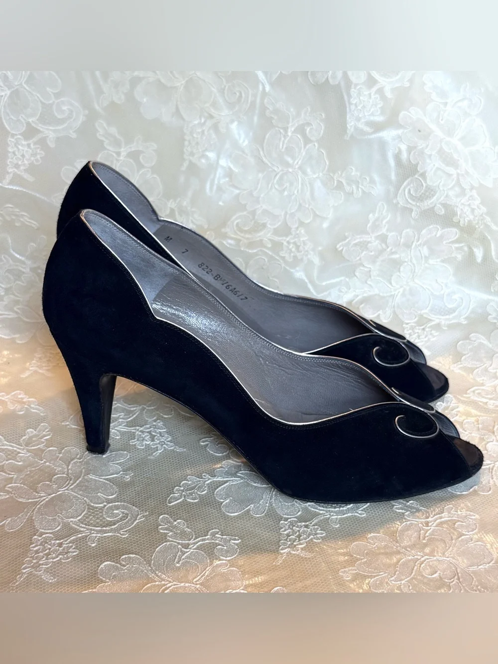 Bruno Magli Black Suede Peep-Toe Pumps with Silver Trim